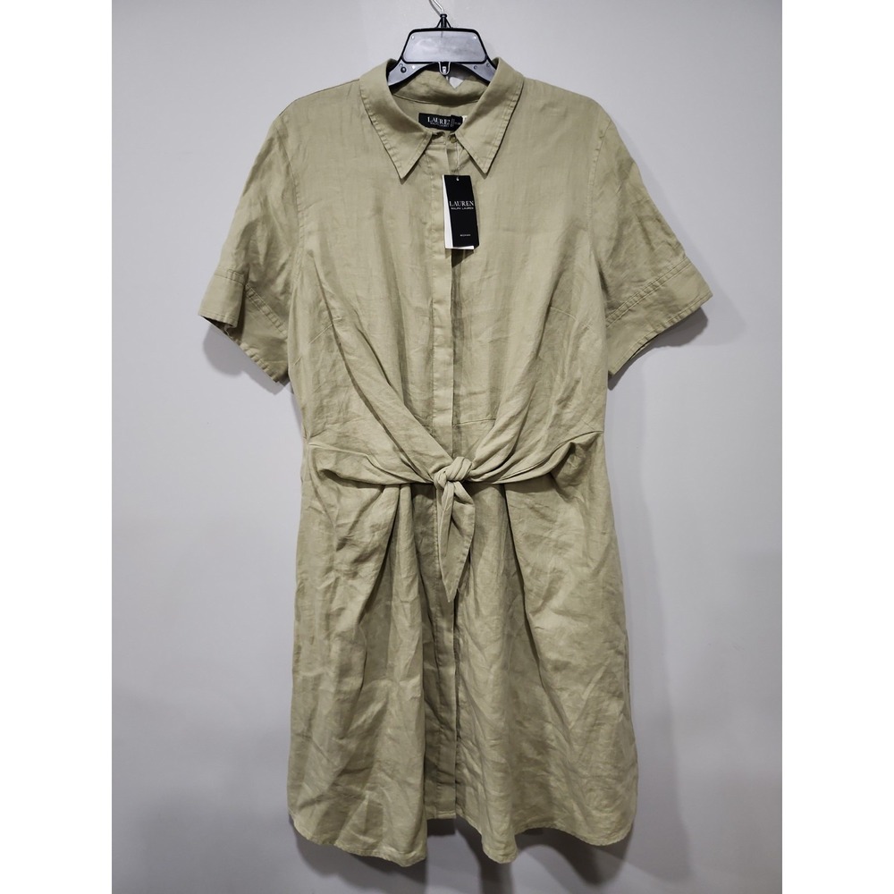 Lauren Ralph Lauren NWT 100% Linen Pointed Collar Shirt Dress Womens 14W Green